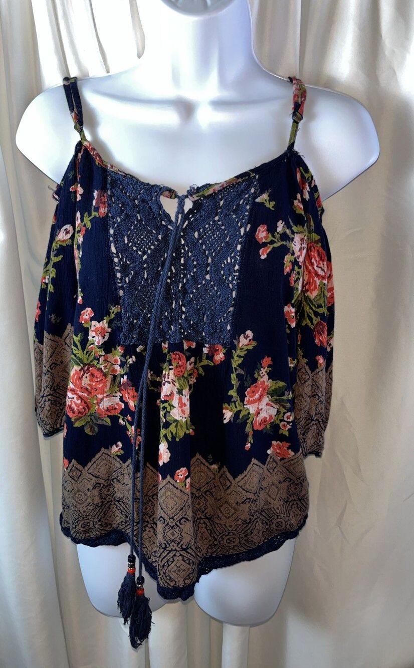 Angie Women’s Boho Off Shoulder Blouse Size S Western Cowgirl Floral